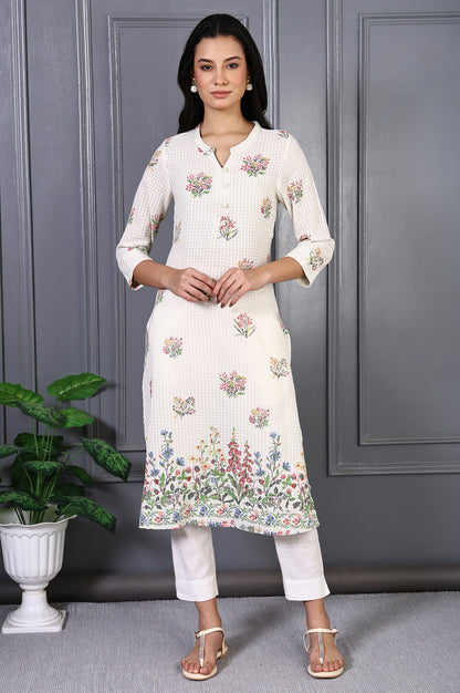 White Floral Printed Buttons Pure Cotton Straight Kurta