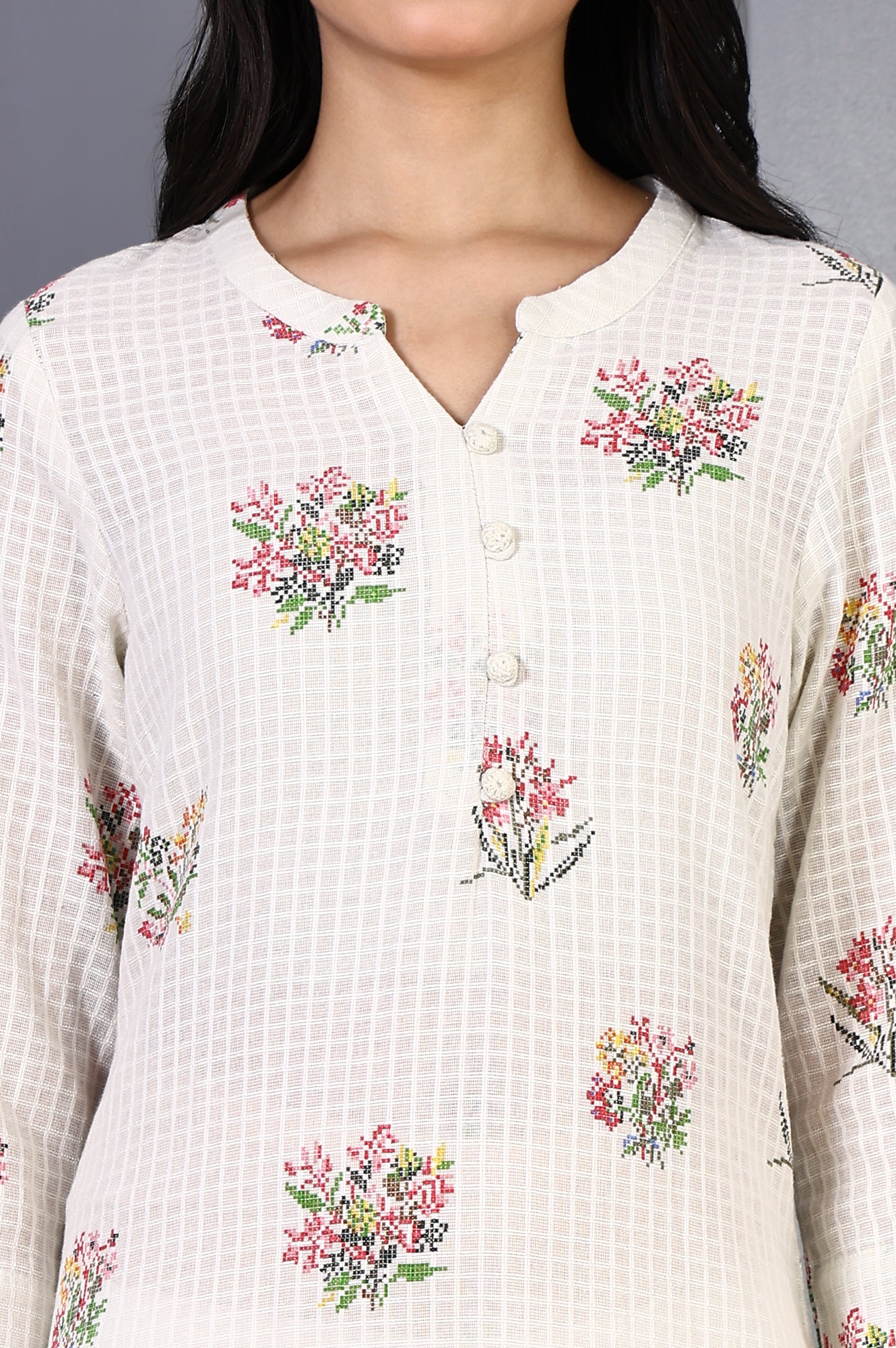 White Floral Printed Buttons Pure Cotton Straight Kurta