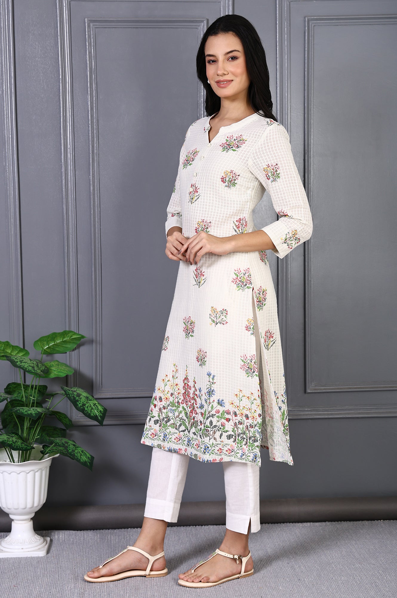 White Floral Printed Buttons Pure Cotton Straight Kurta