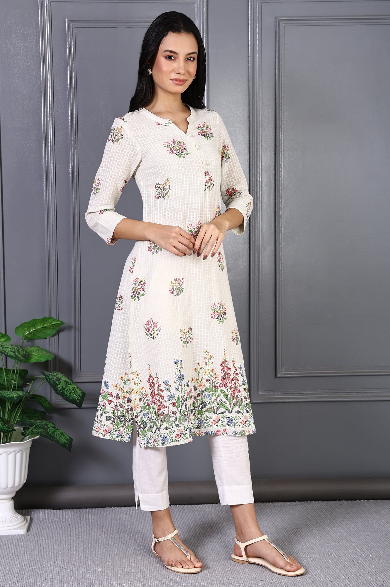 White Floral Printed Buttons Pure Cotton Straight Kurta