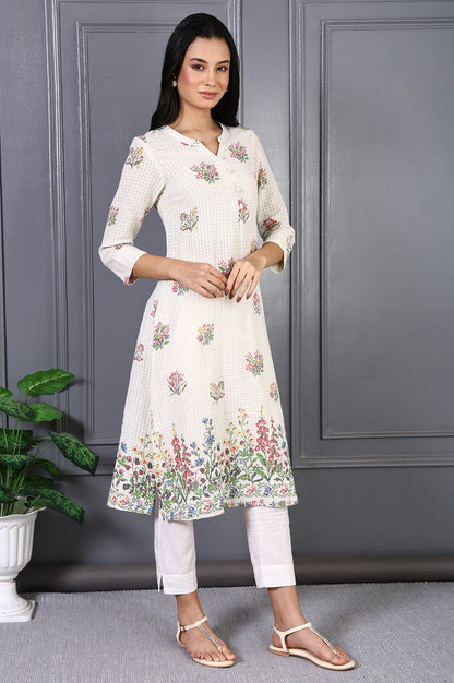 White Floral Printed Buttons Pure Cotton Straight Kurta