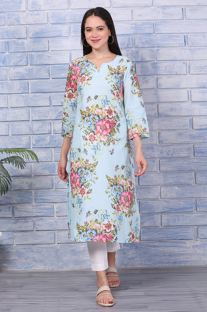 Blue Floral Printed Pure Cotton Straight Kurta