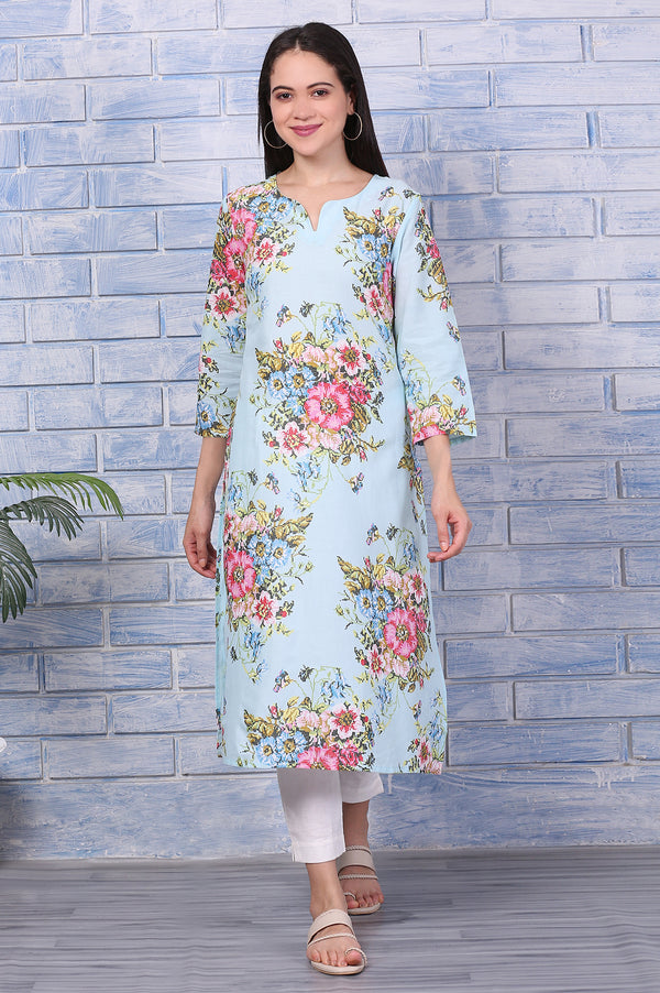 Blue Floral Printed Pure Cotton Straight Kurta