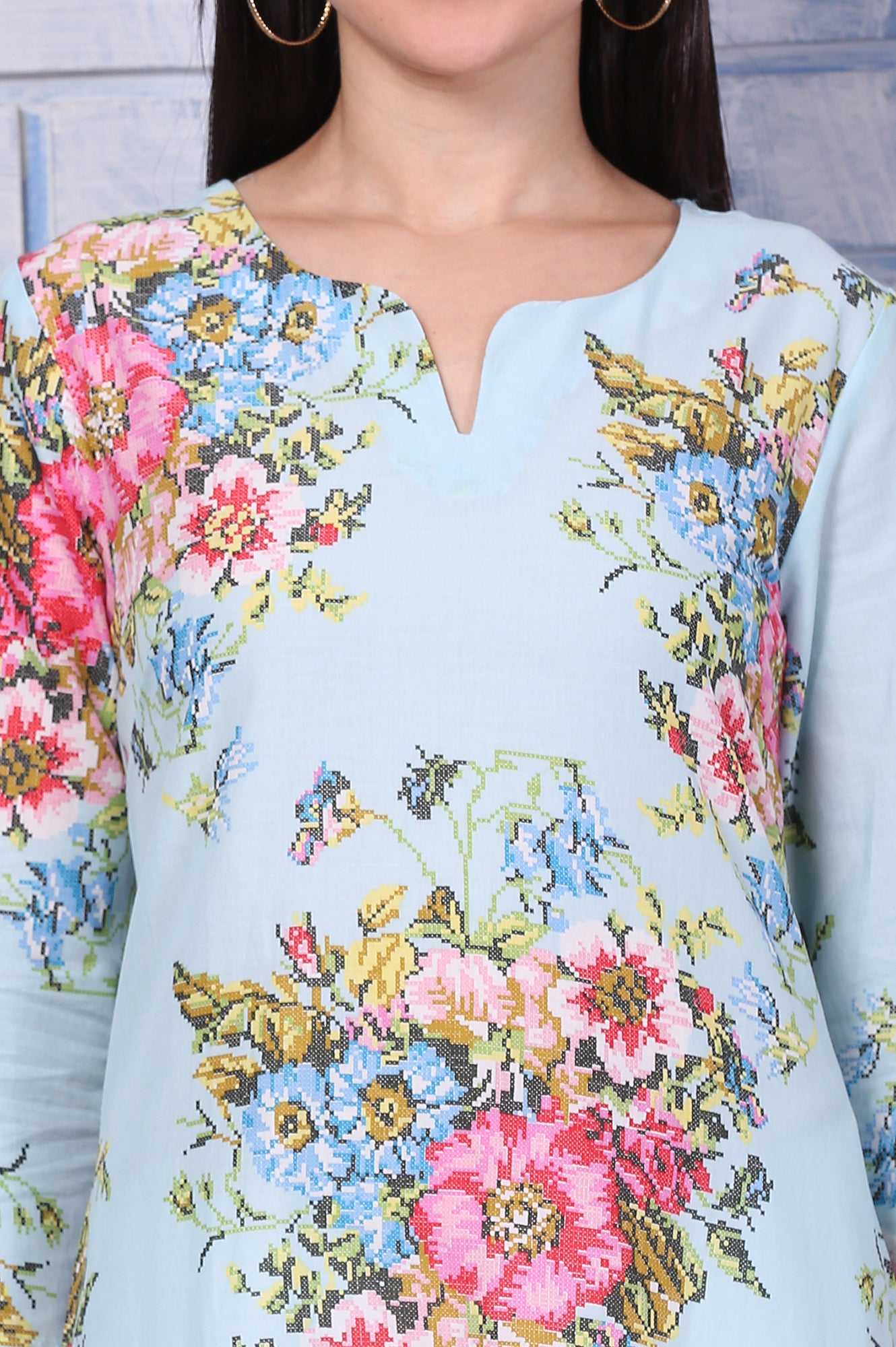 Blue Floral Printed Pure Cotton Straight Kurta