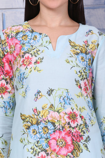 Blue Floral Printed Pure Cotton Straight Kurta