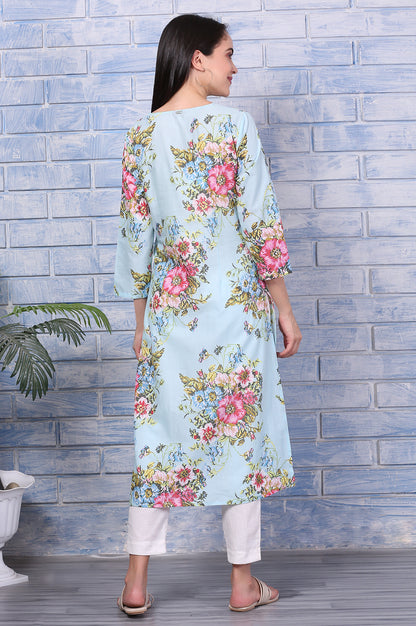 Blue Floral Printed Pure Cotton Straight Kurta