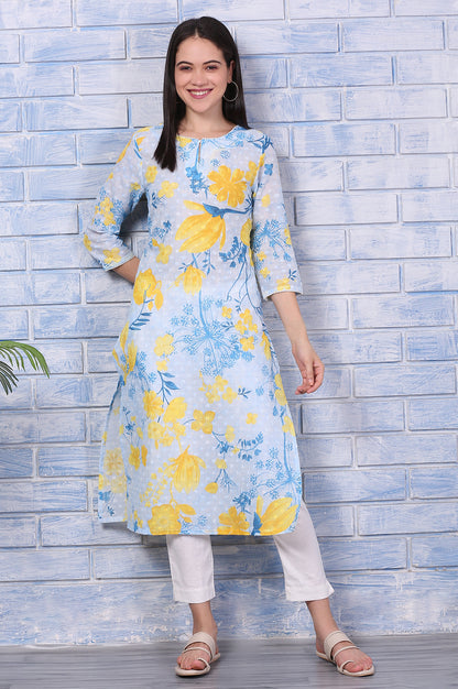 Bue Floral Printed Pure Cotton Straight Kurta with Lace