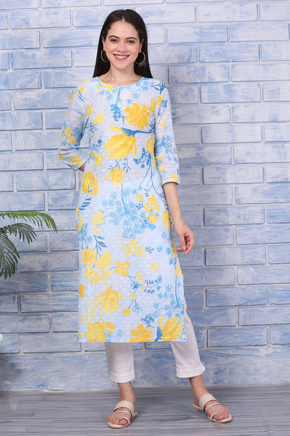 Bue Floral Printed Pure Cotton Straight Kurta with Lace