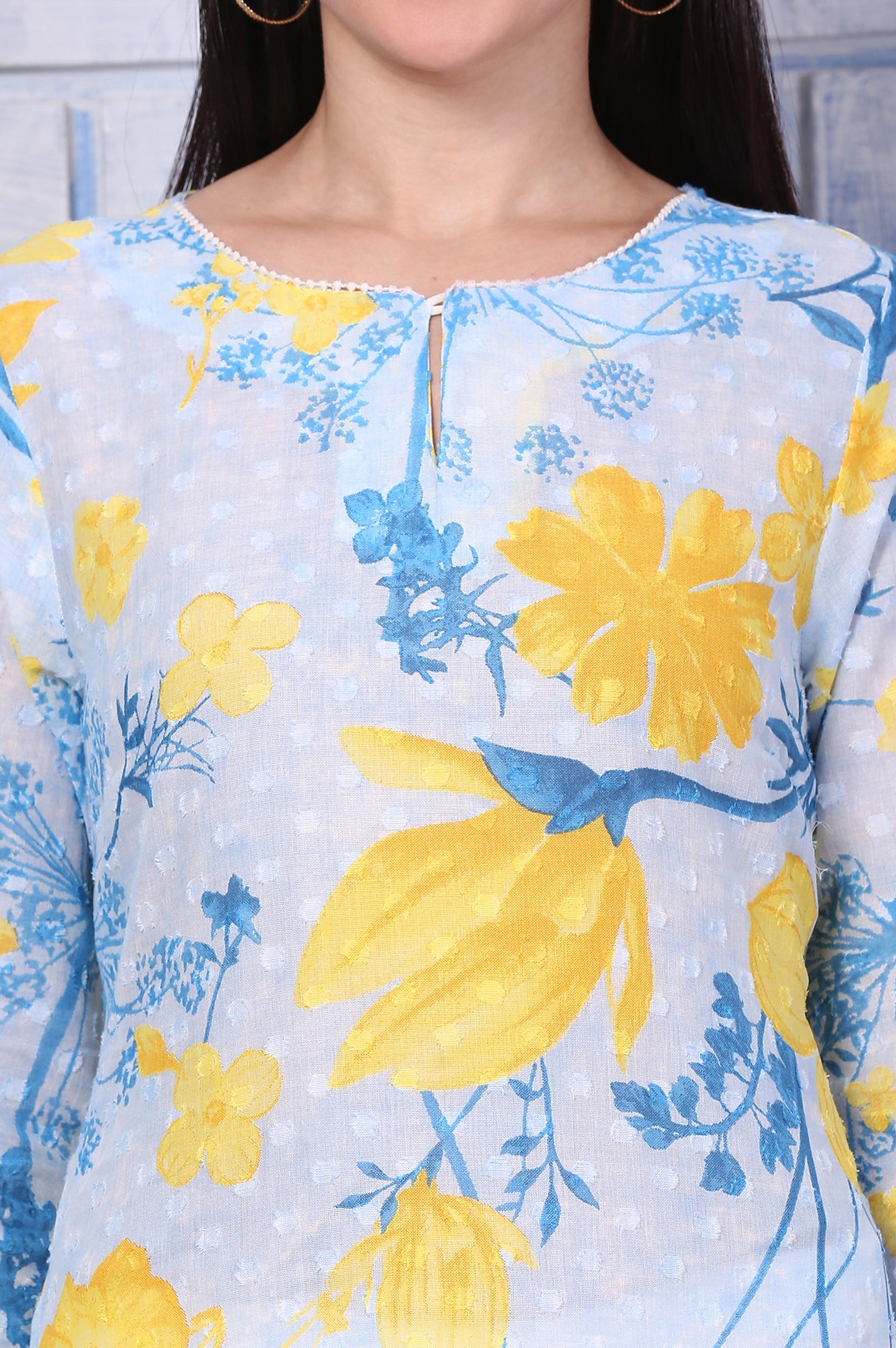 Bue Floral Printed Pure Cotton Straight Kurta with Lace