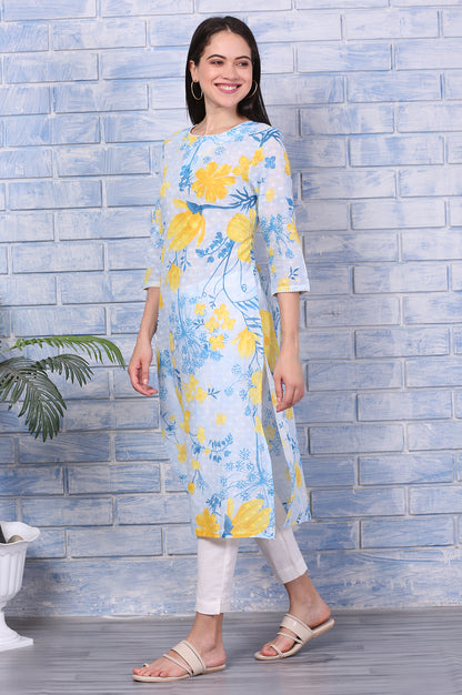 Bue Floral Printed Pure Cotton Straight Kurta with Lace