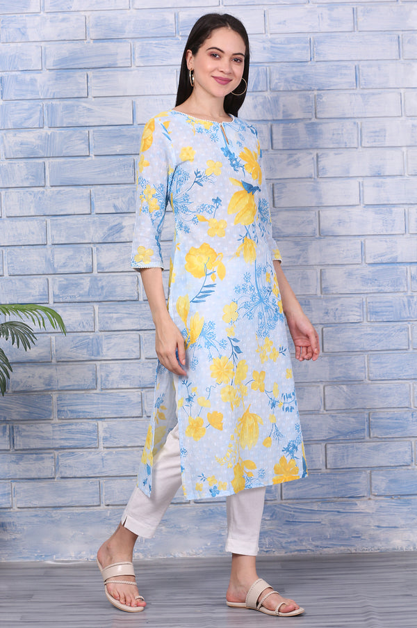 Bue Floral Printed Pure Cotton Straight Kurta with Lace