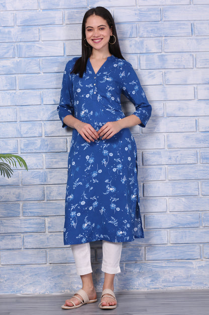 Blue Floral Printed Rayon Straight Casual Kurta