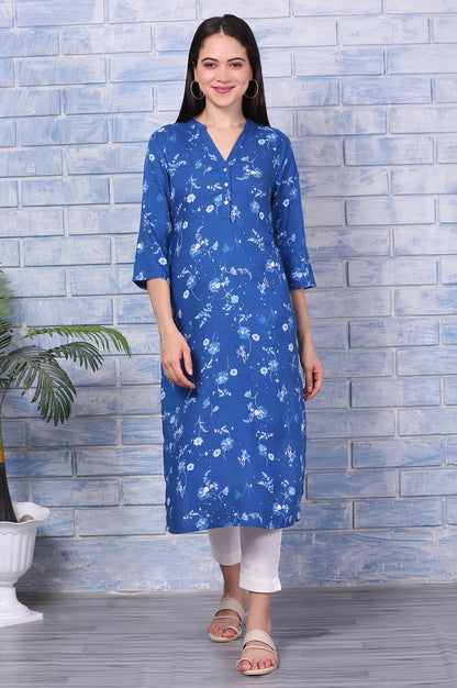 Blue Floral Printed Rayon Straight Casual Kurta