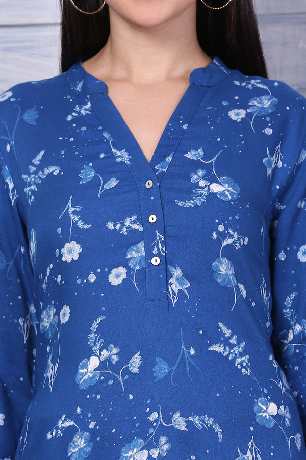 Blue Floral Printed Rayon Straight Casual Kurta