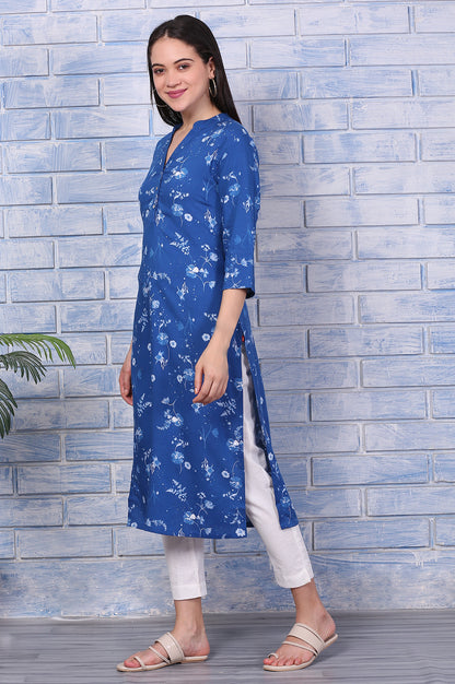 Blue Floral Printed Rayon Straight Casual Kurta