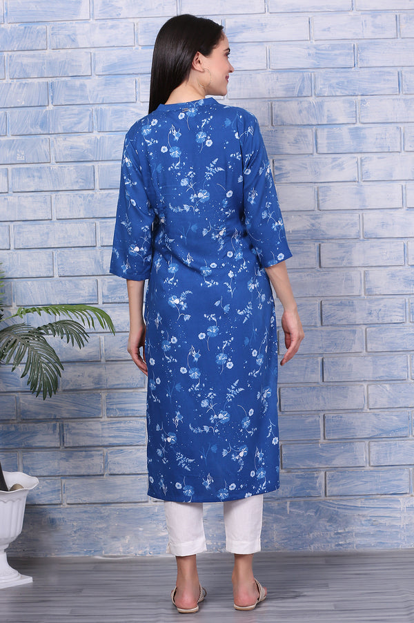 Blue Floral Printed Rayon Straight Casual Kurta