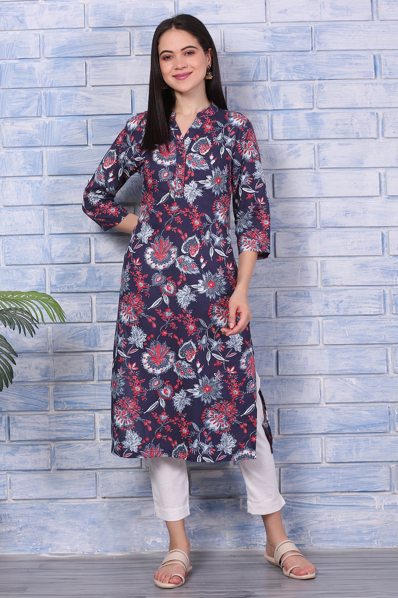 Blue Floral Printed Rayon Straight Casual Kurta