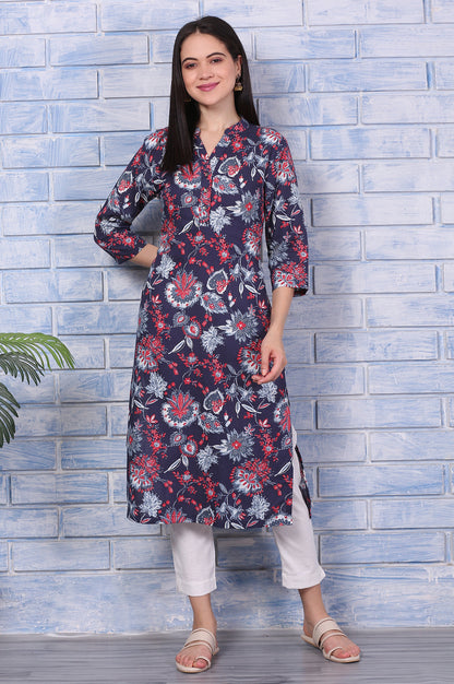 Blue Floral Printed Rayon Straight Casual Kurta