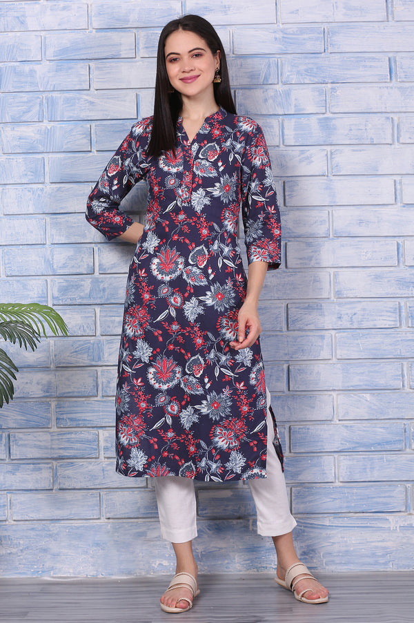 Blue Floral Printed Rayon Straight Casual Kurta