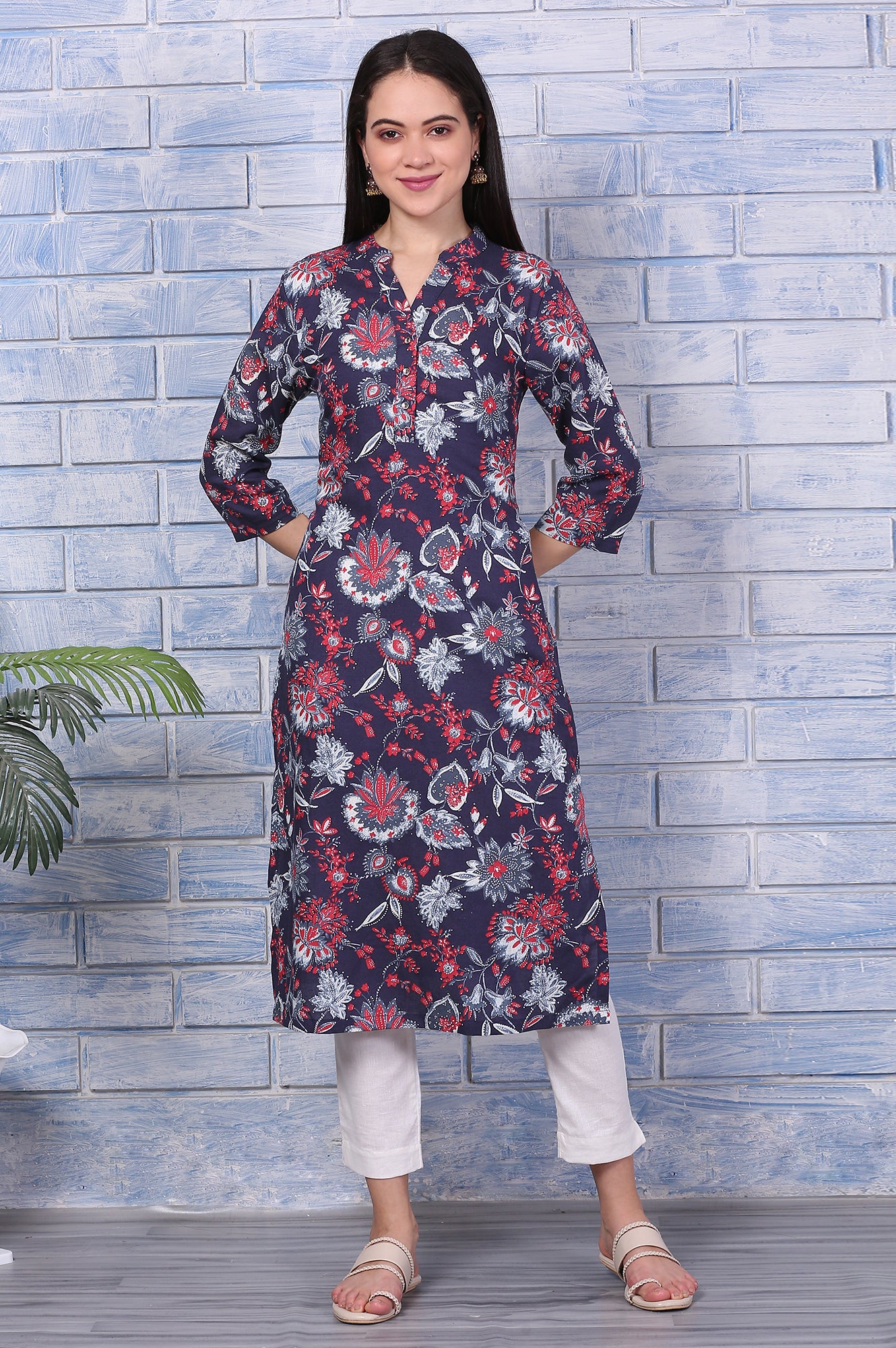 Blue Floral Printed Rayon Straight Casual Kurta