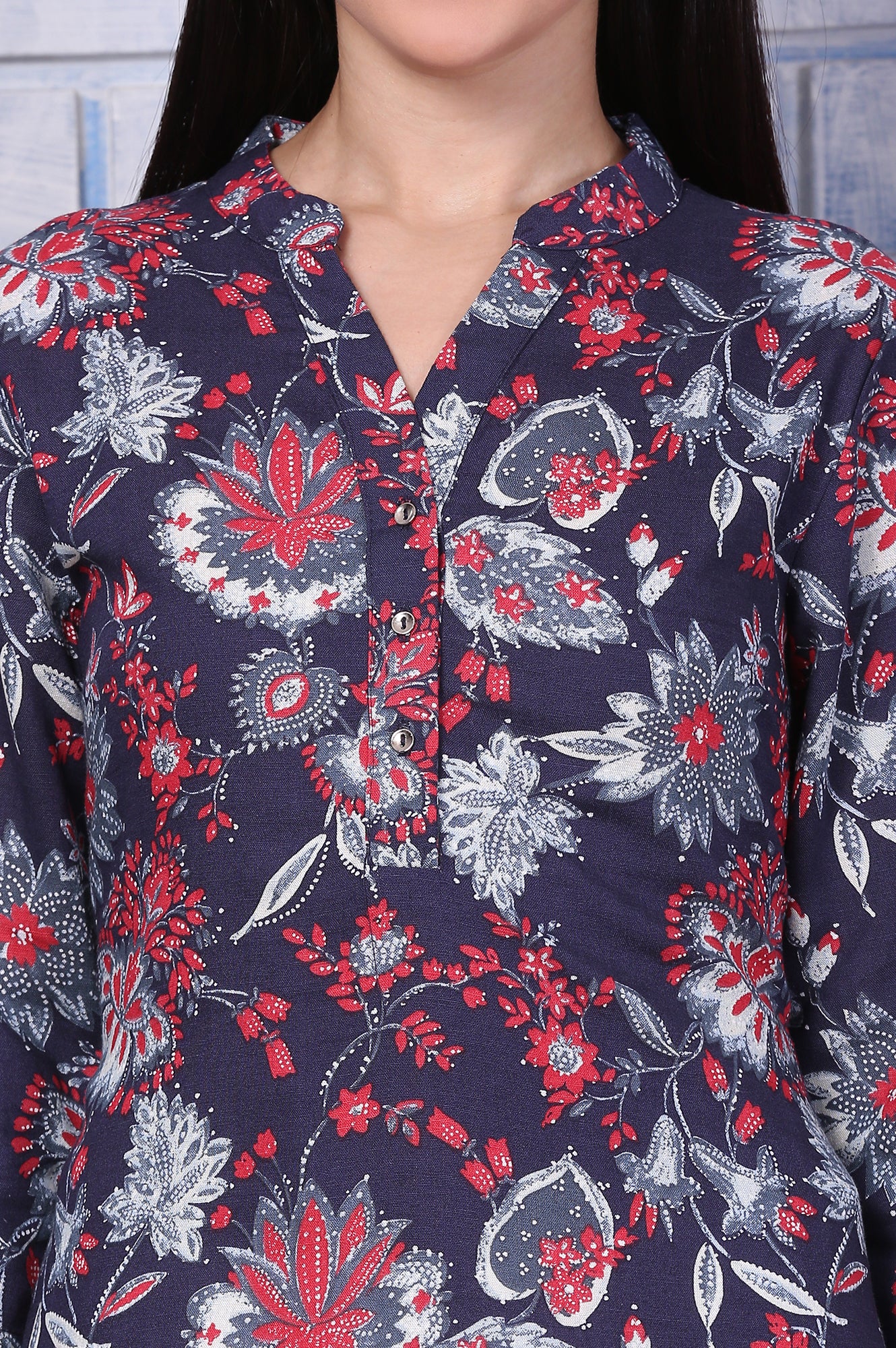 Blue Floral Printed Rayon Straight Casual Kurta