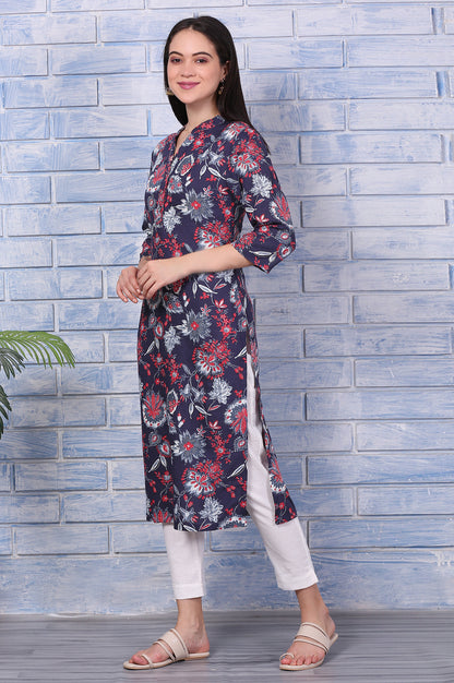 Blue Floral Printed Rayon Straight Casual Kurta