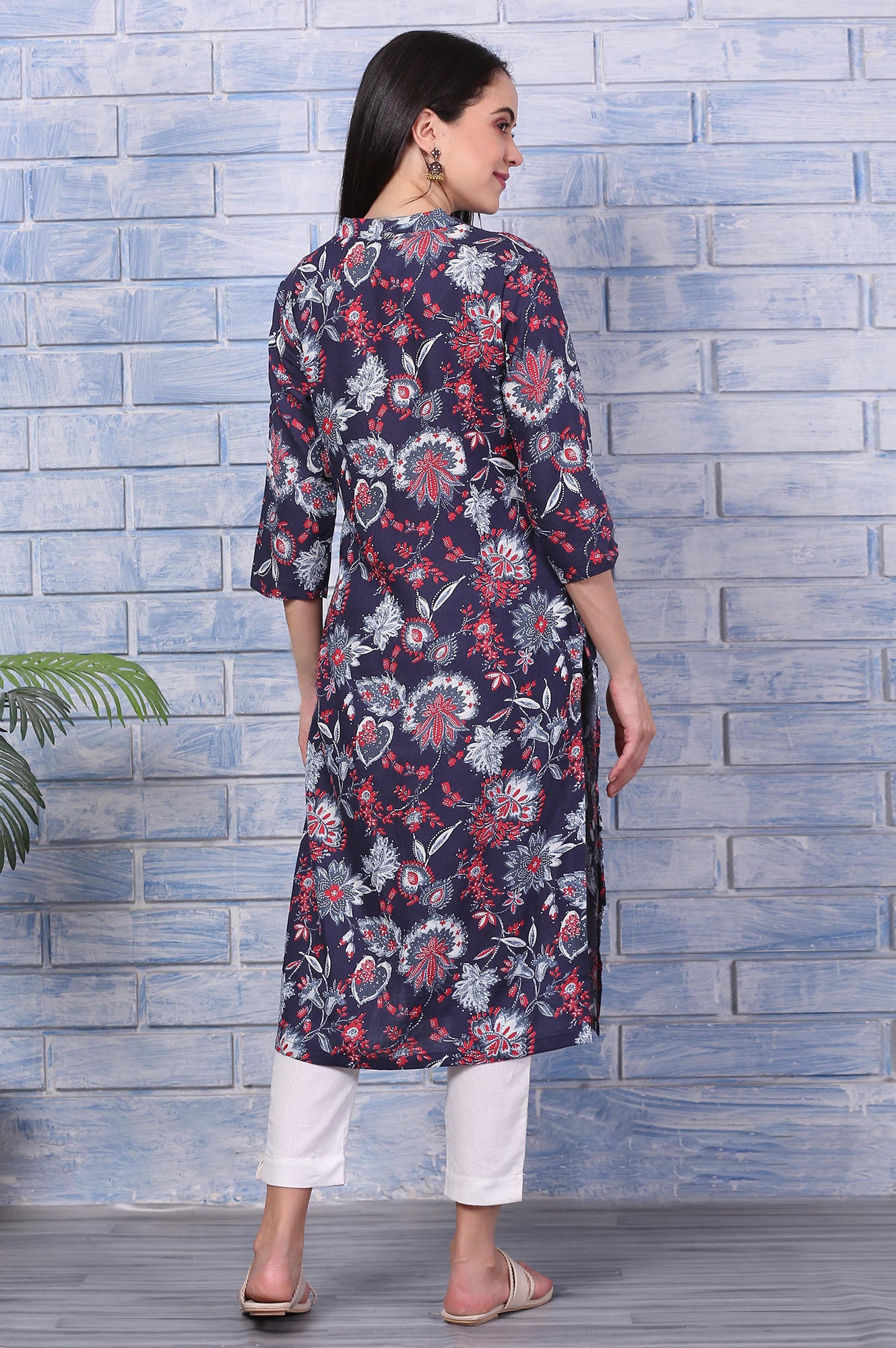Blue Floral Printed Rayon Straight Casual Kurta