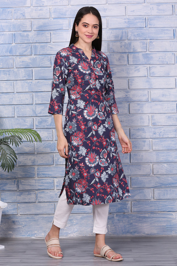 Blue Floral Printed Rayon Straight Casual Kurta