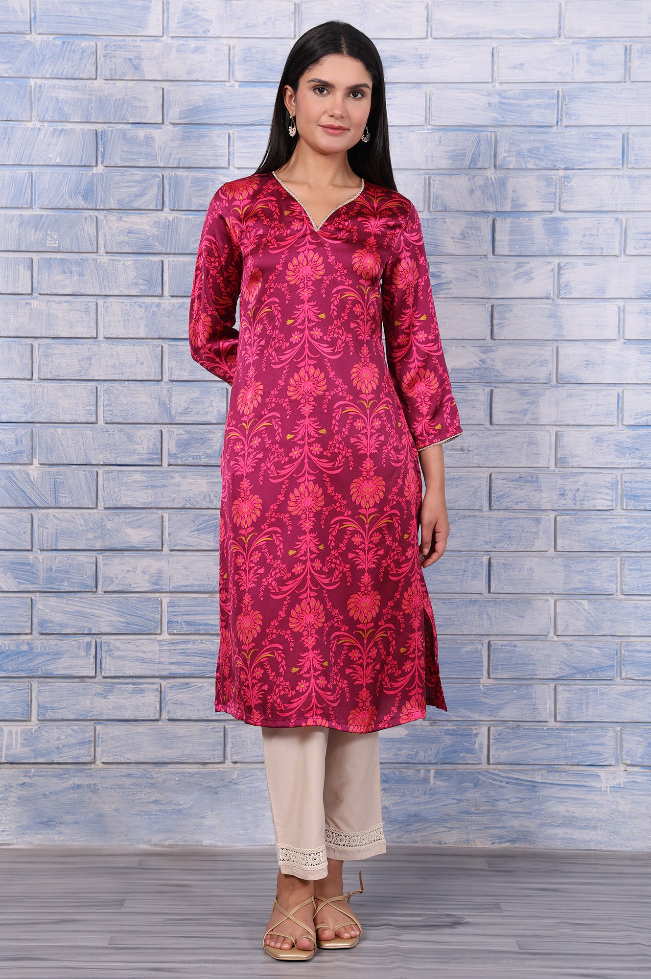 Purple Floral Printed Japanese Satin Straight Kurta