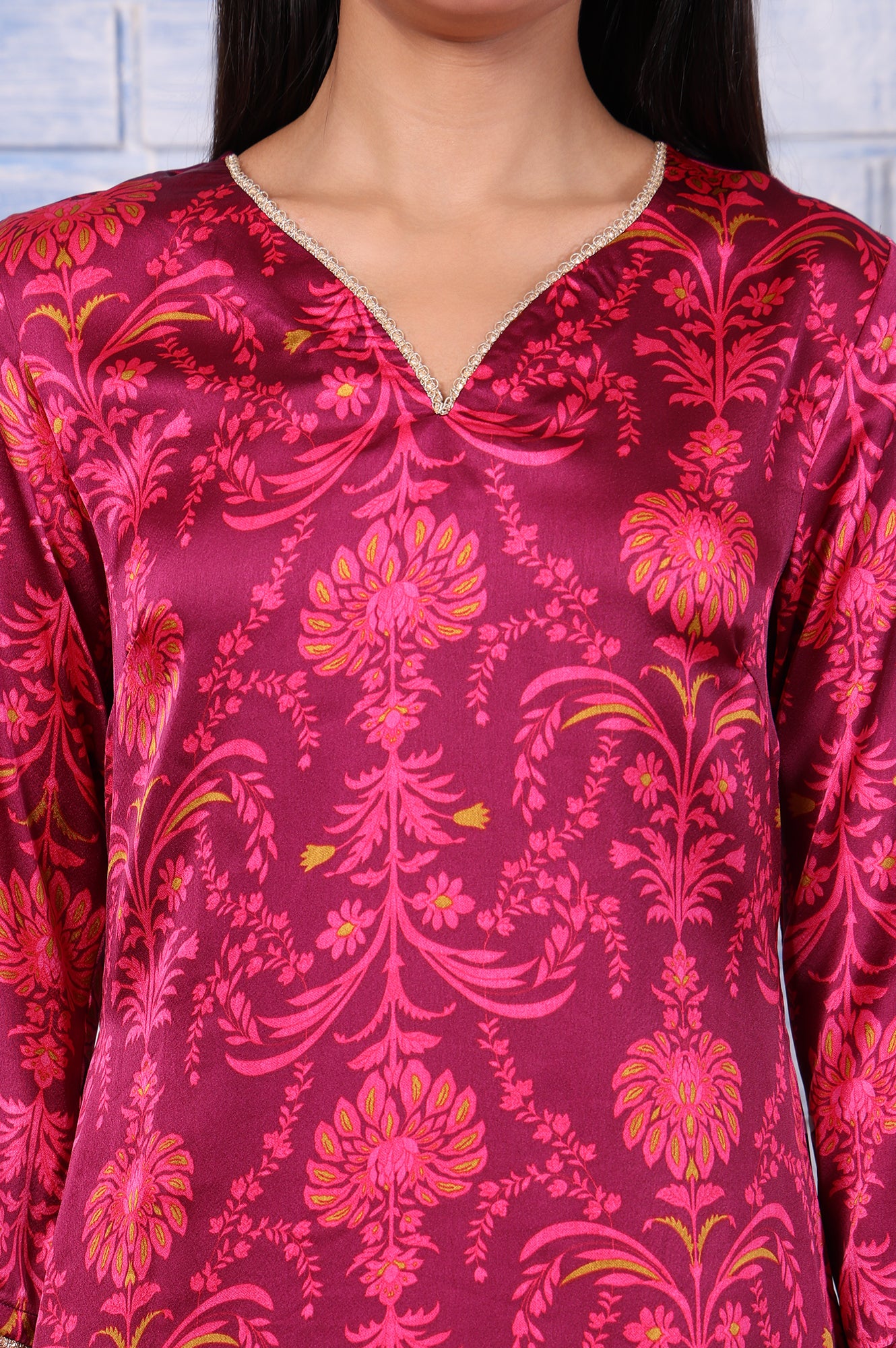 Purple Floral Printed Japanese Satin Straight Kurta