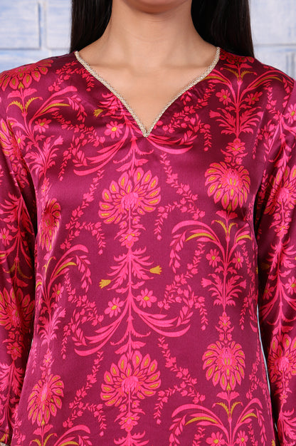 Purple Floral Printed Japanese Satin Straight Kurta