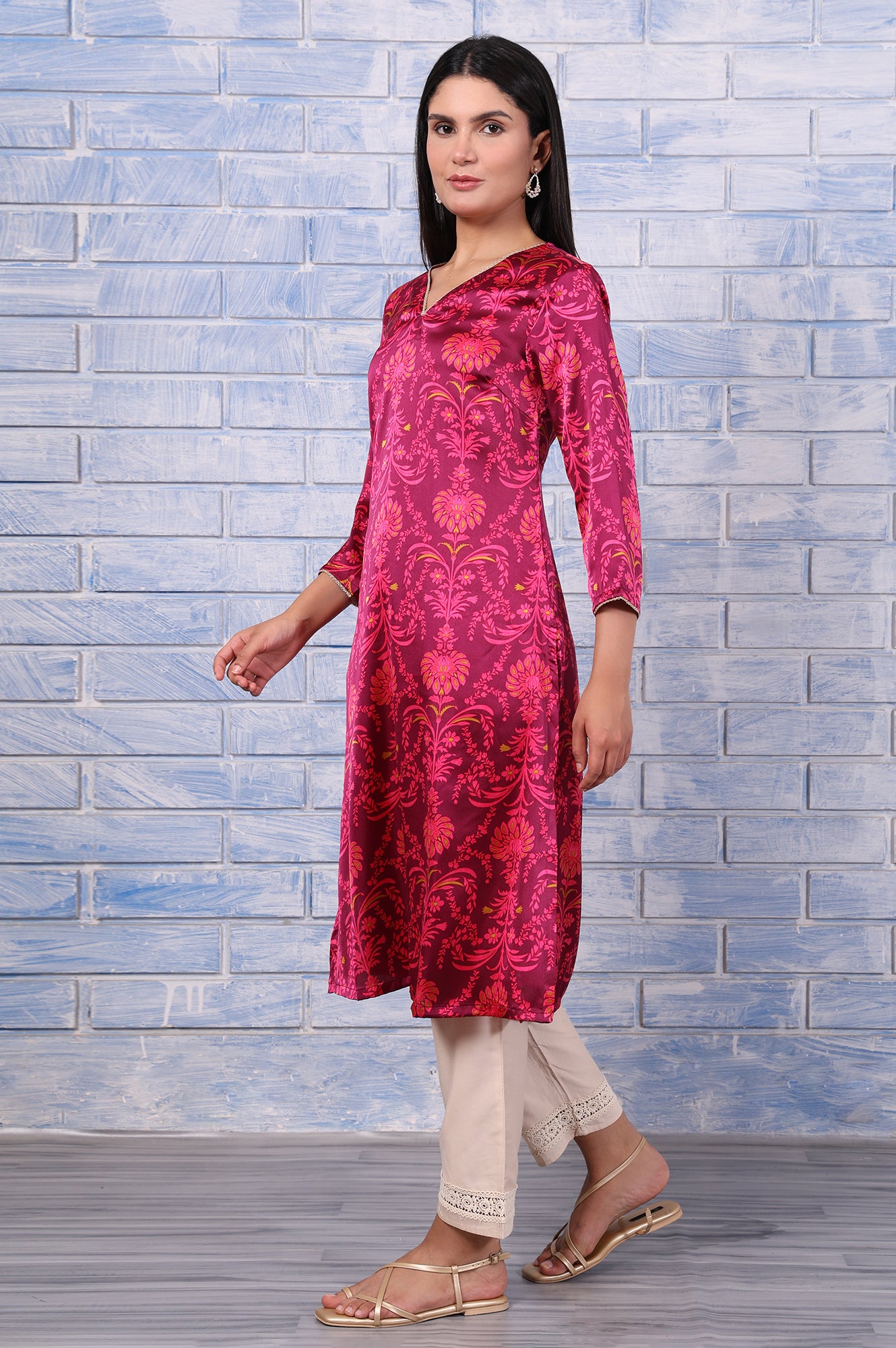 Purple Floral Printed Japanese Satin Straight Kurta