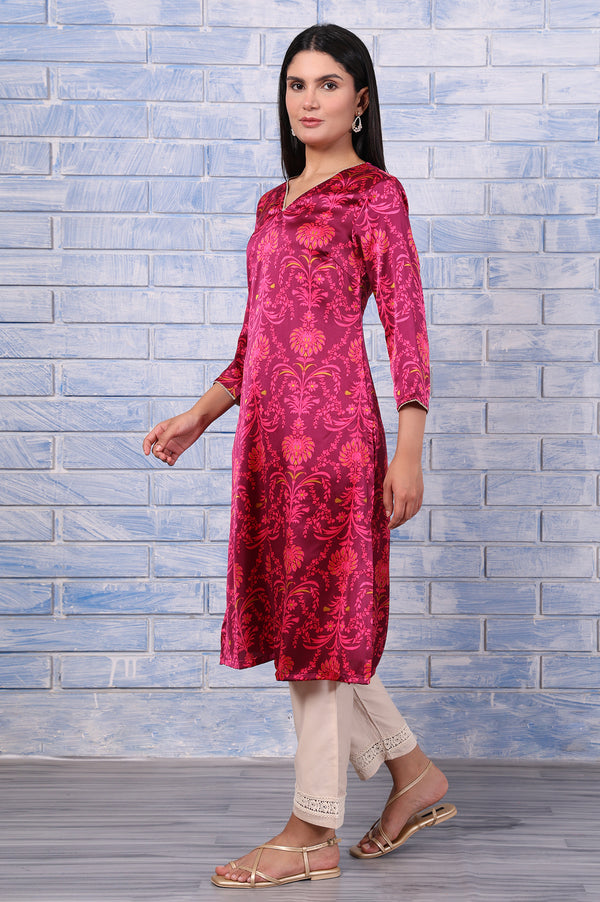 Purple Floral Printed Japanese Satin Straight Kurta