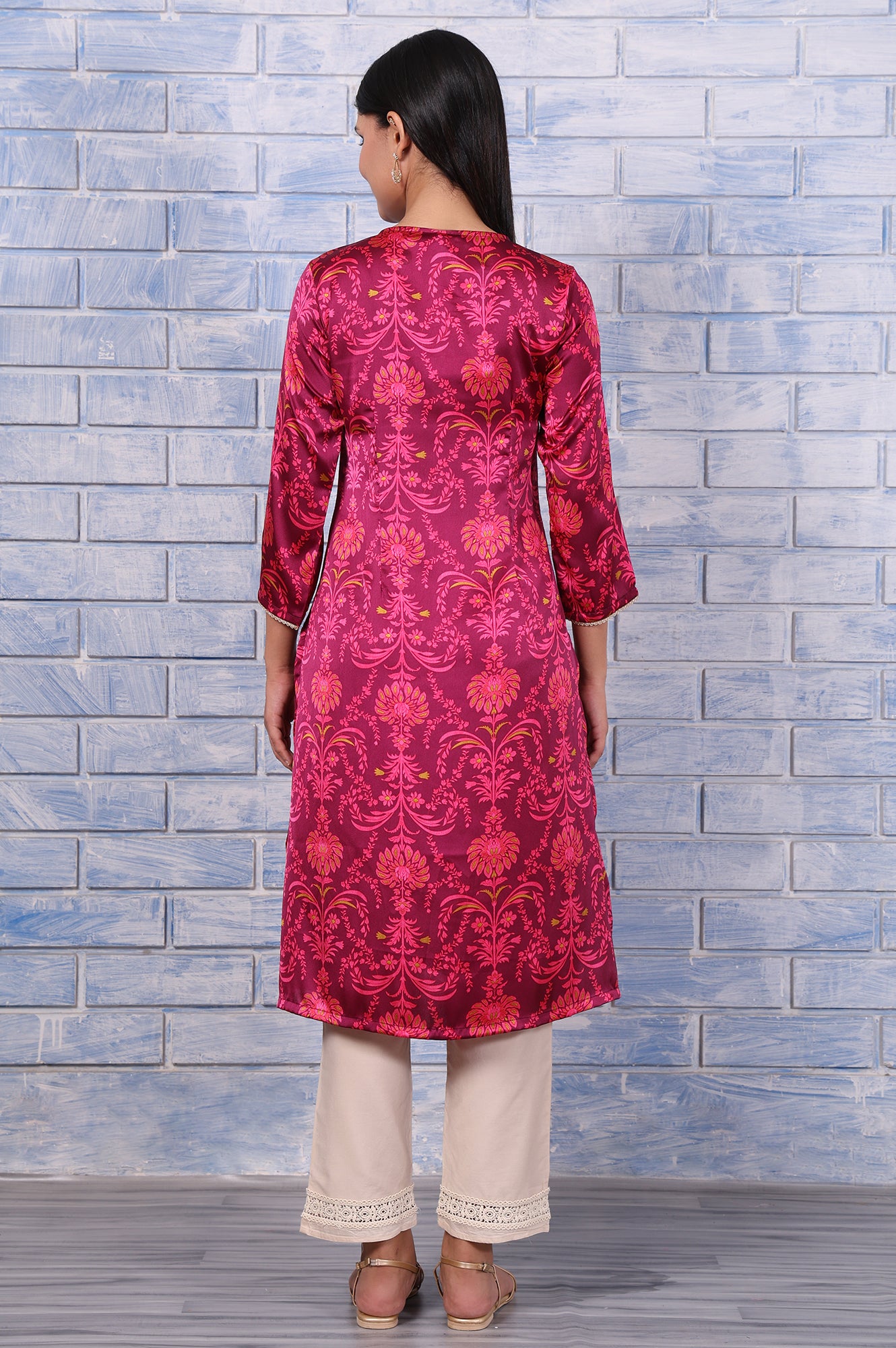 Purple Floral Printed Japanese Satin Straight Kurta