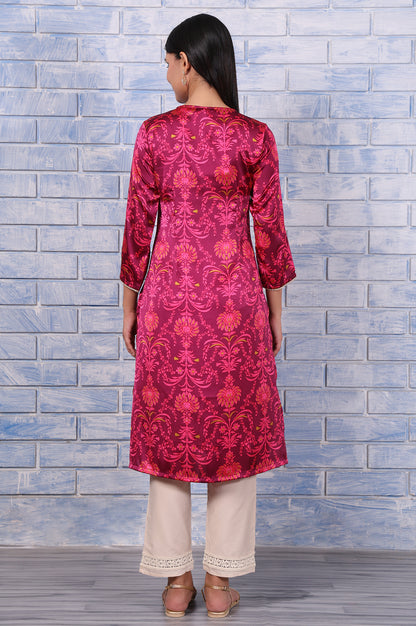 Purple Floral Printed Japanese Satin Straight Kurta