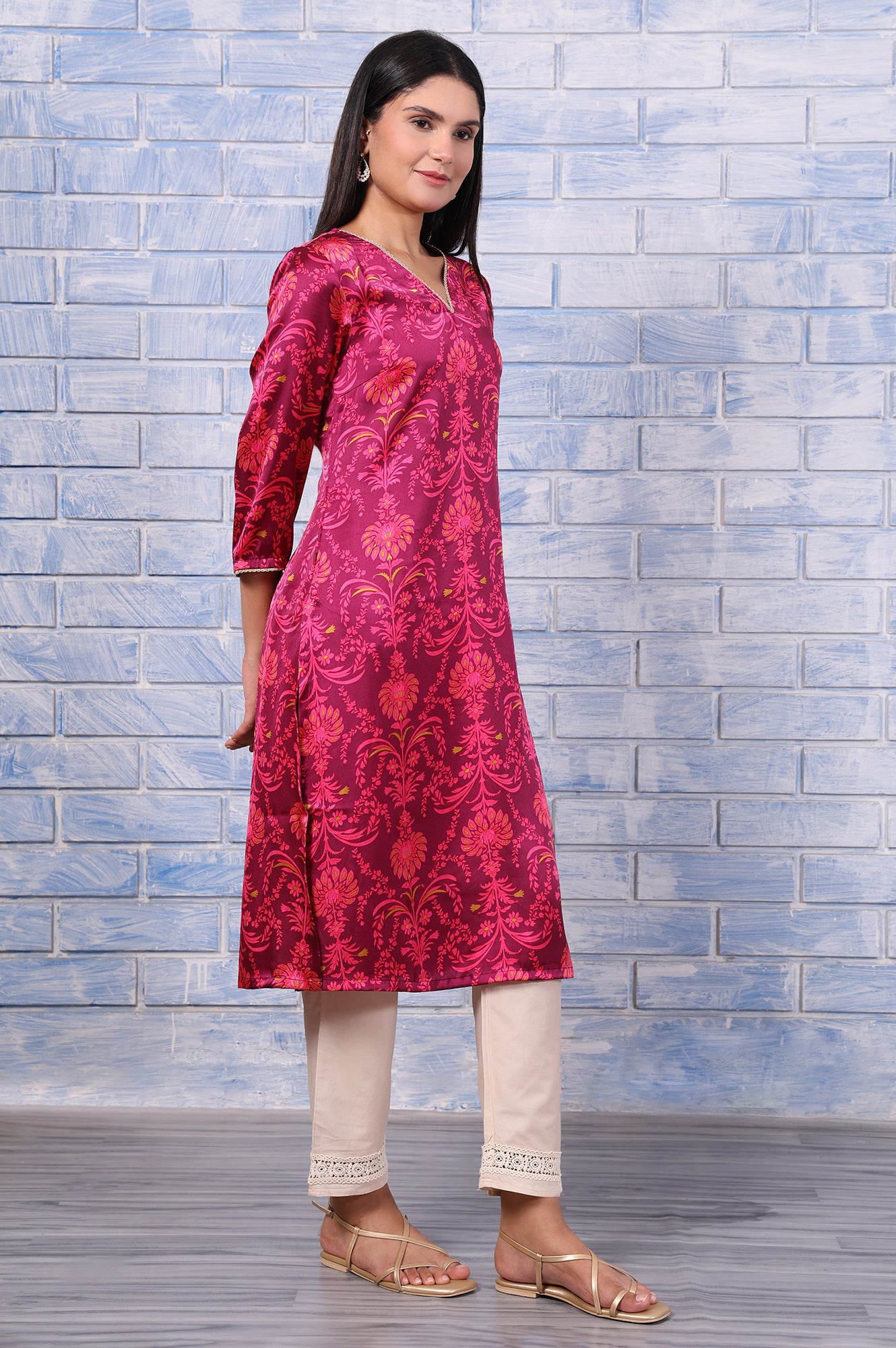 Purple Floral Printed Japanese Satin Straight Kurta