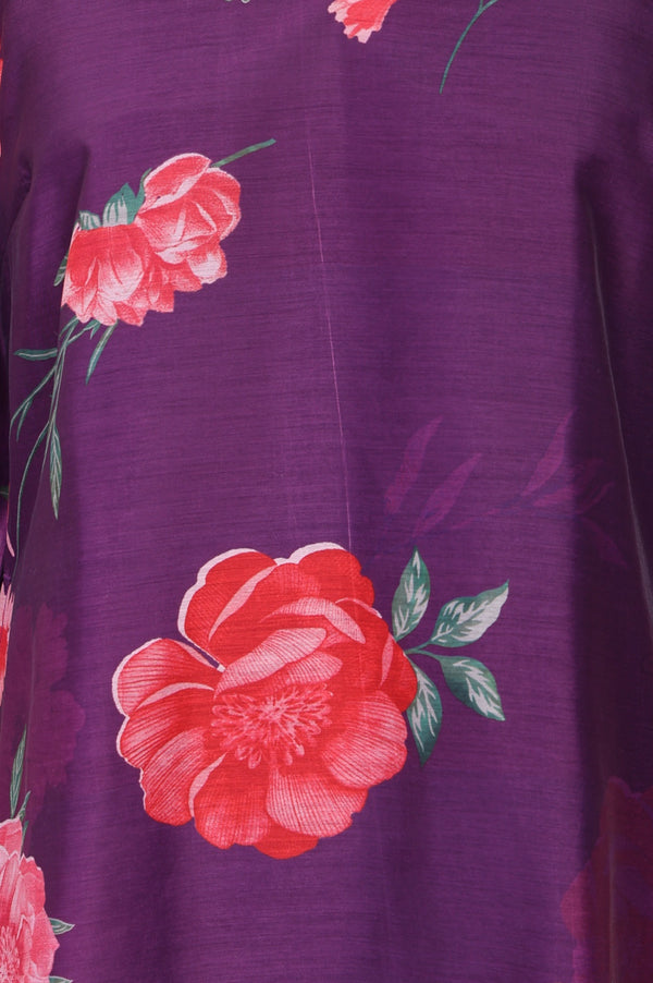 Purple Floral Printed Chanderi Straight Kurta