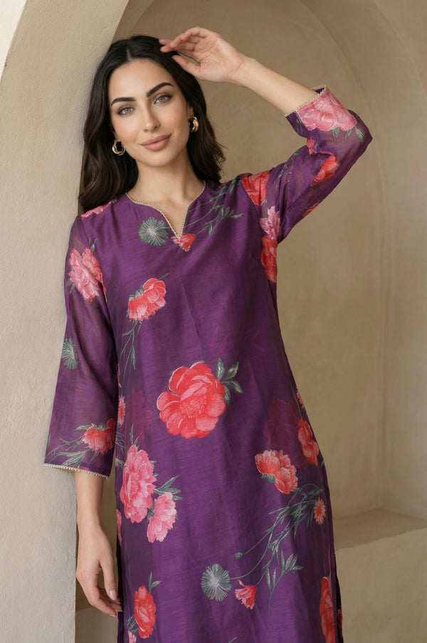 Purple Floral Printed Chanderi Straight Kurta