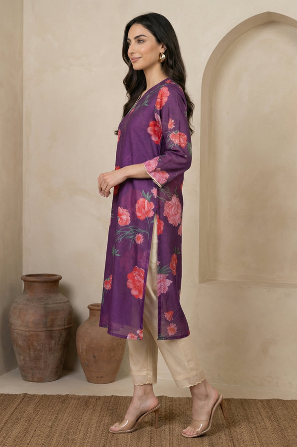 Purple Floral Printed Chanderi Straight Kurta