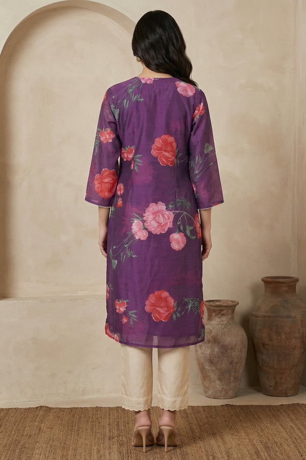Purple Floral Printed Chanderi Straight Kurta