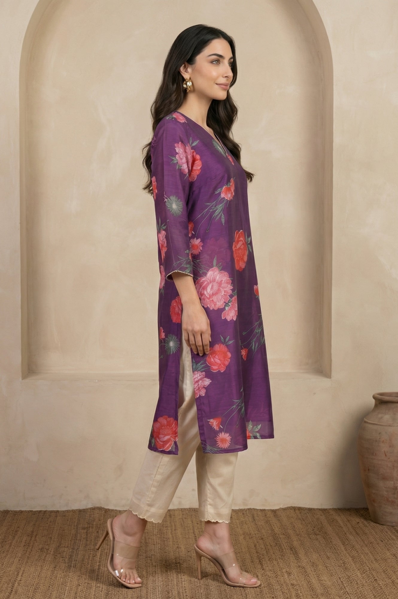 Purple Floral Printed Chanderi Straight Kurta