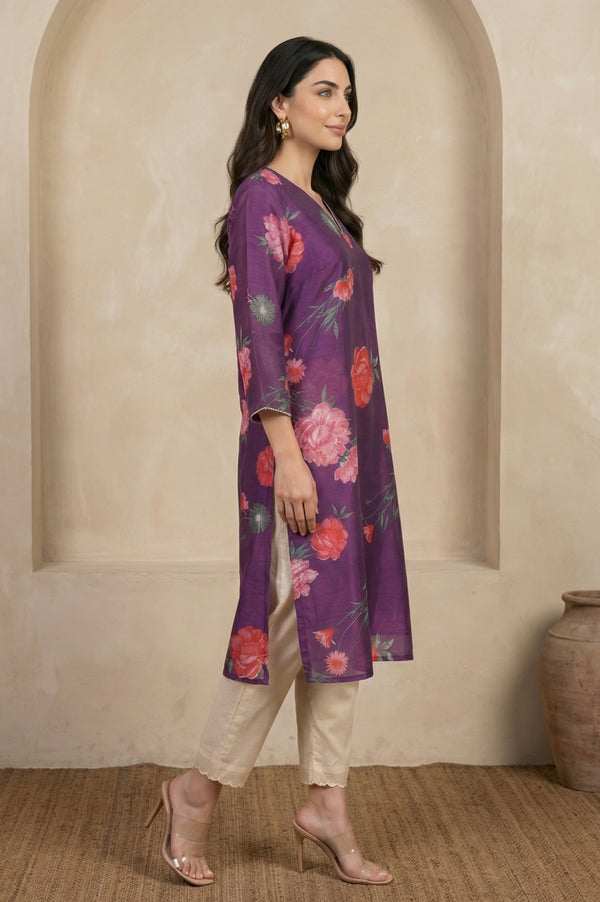 Purple Floral Printed Chanderi Straight Kurta