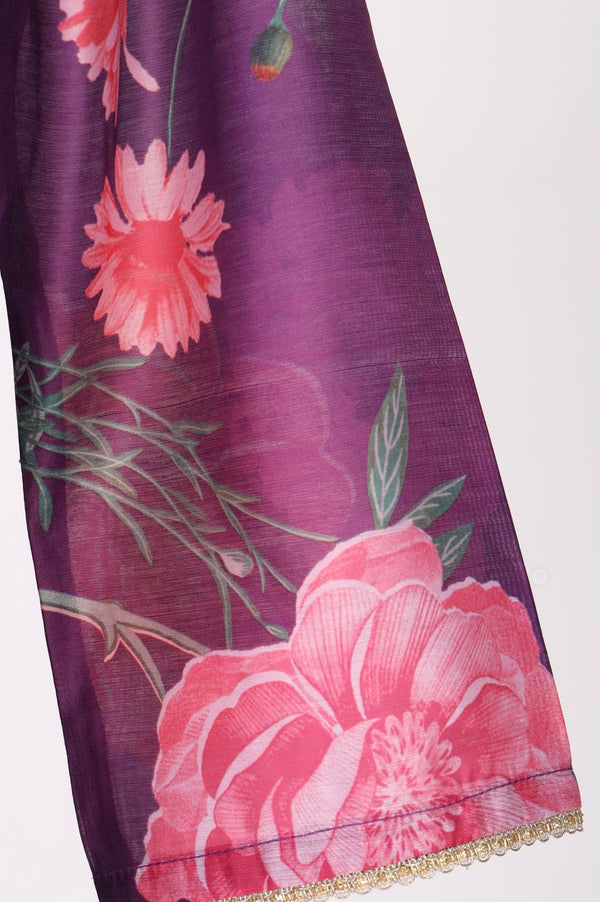 Purple Floral Printed Chanderi Straight Kurta
