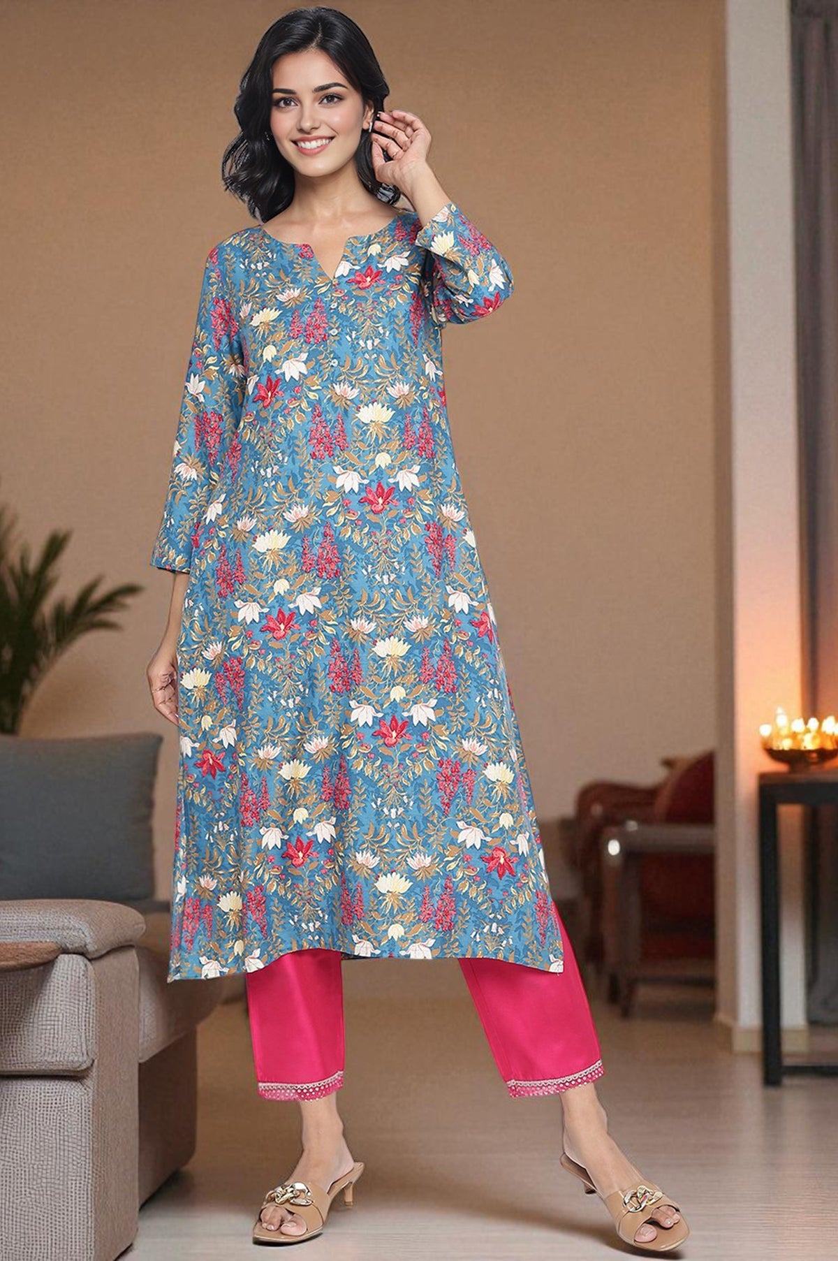 Teal Printed Rayon Straight Kurta - XS