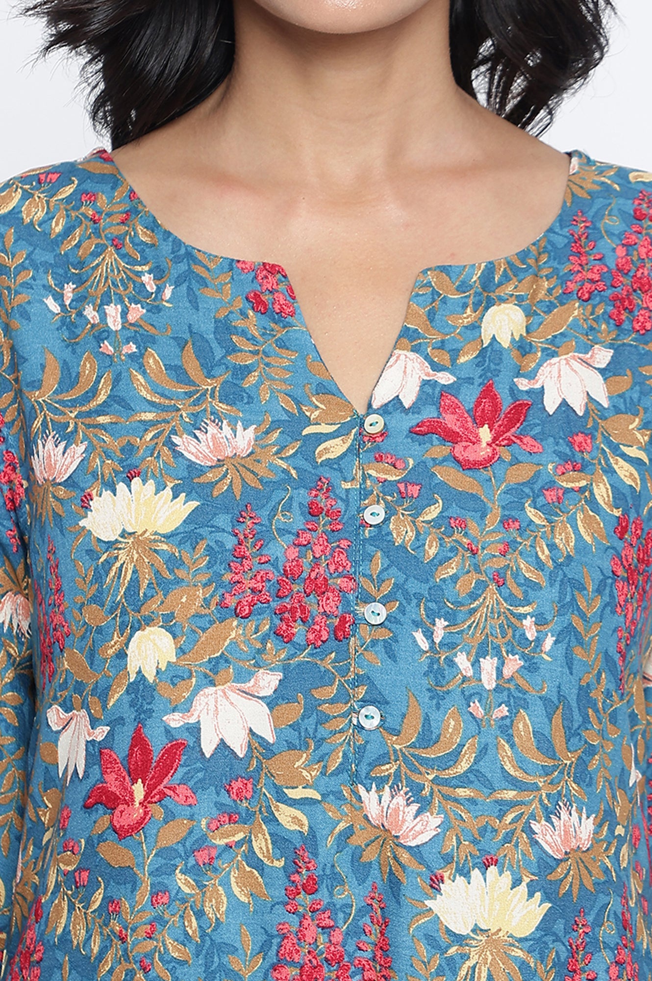 Teal Printed Rayon Straight Kurta