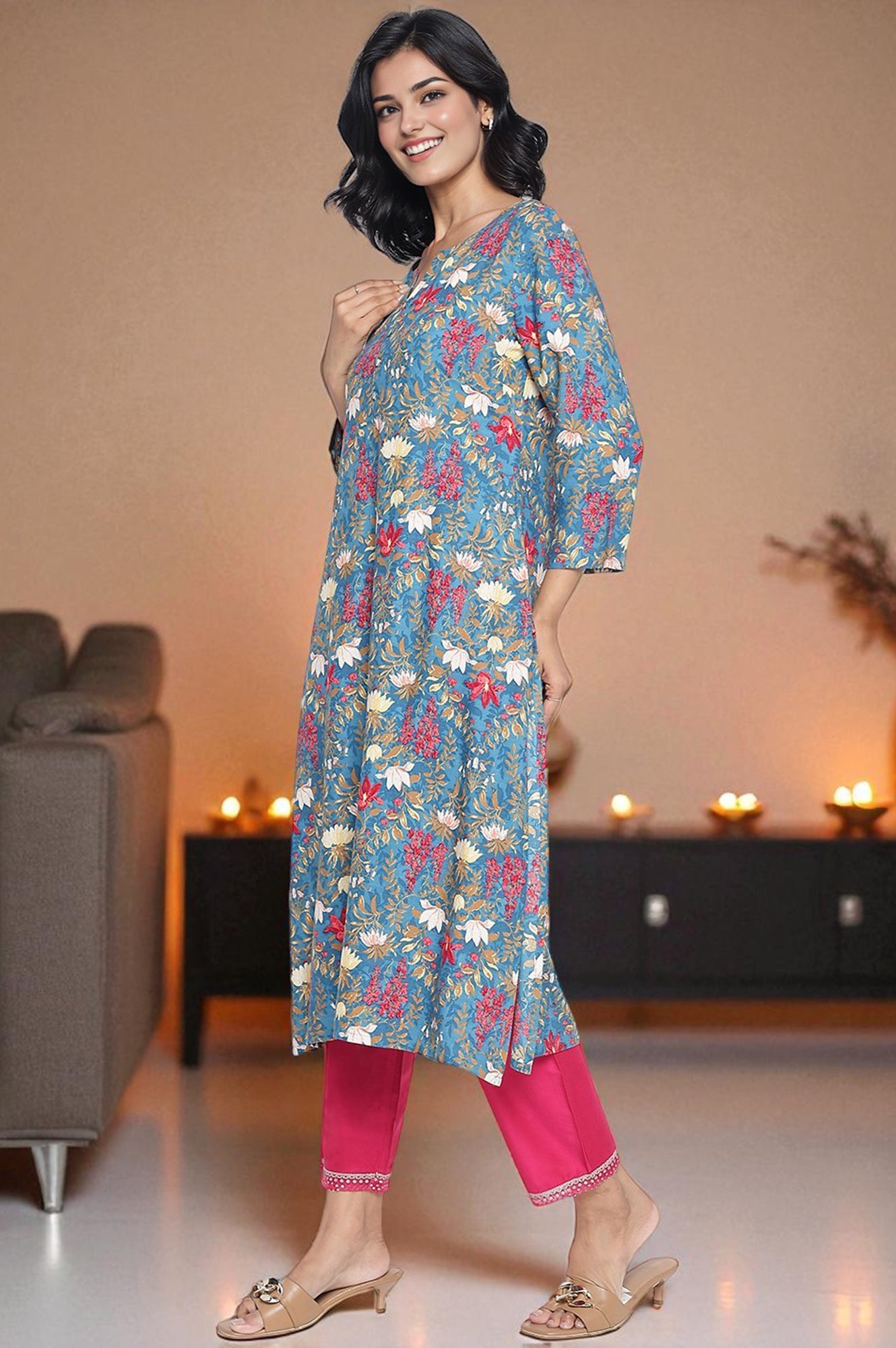 Teal Printed Rayon Straight Kurta