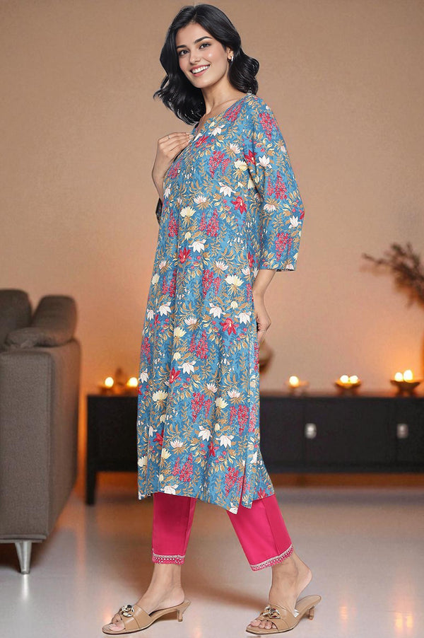 Teal Printed Rayon Straight Kurta