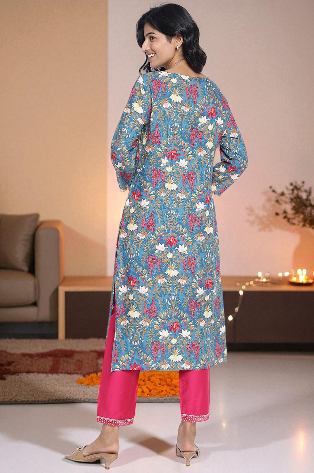 Teal Printed Rayon Straight Kurta