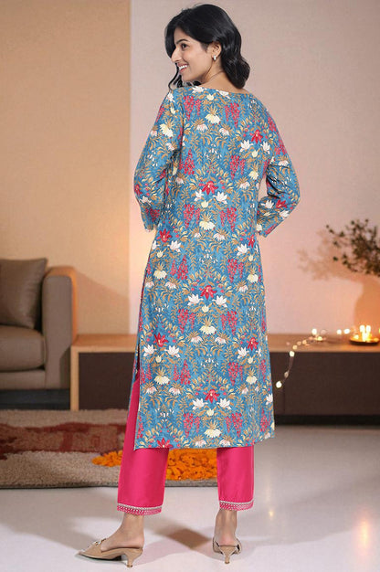 Teal Printed Rayon Straight Kurta