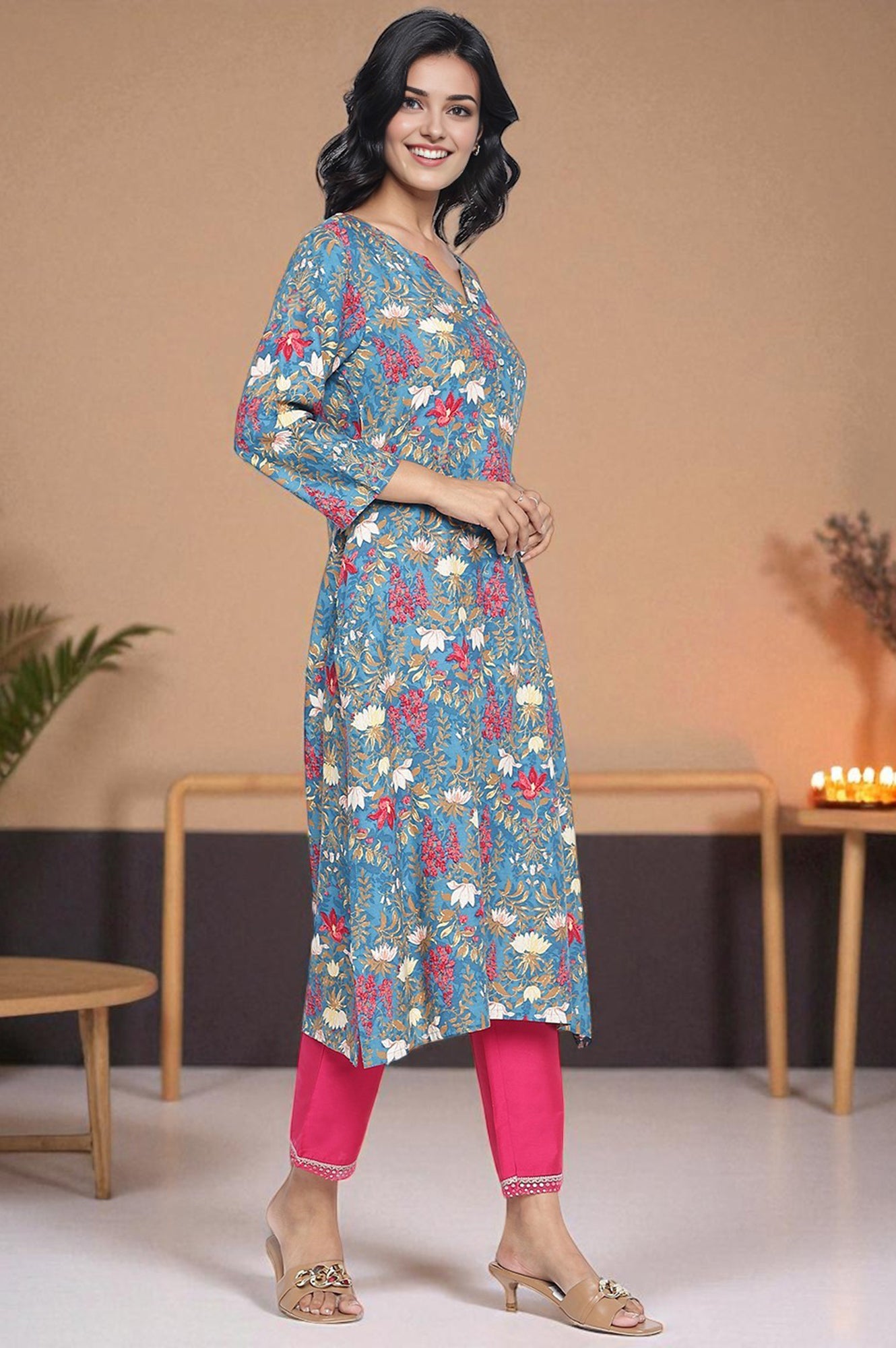 Teal Printed Rayon Straight Kurta